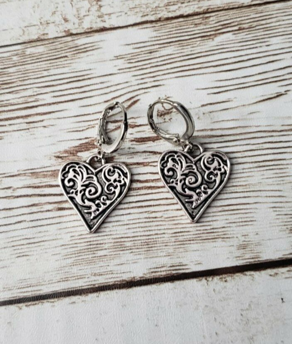 Ornate Silver Tone Heart Drop Earrings - Brand New
